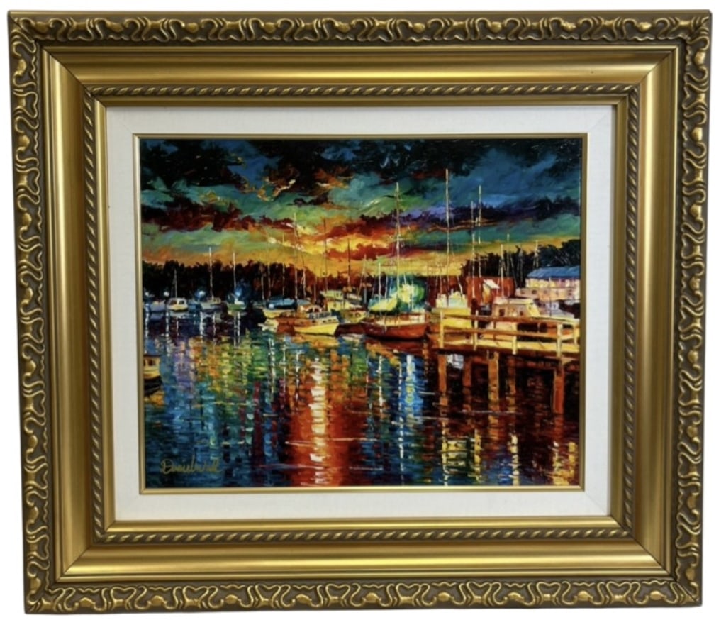 Wall "Glitter Harbor" Embellished Giclee On Canvas: IMPORTANT NOTE: Please be advised that we offer reasonably priced in-house shipping, but you must select Arrange My Own Shipping as part of your post-auction invoice options. Daniel Wall "Glitter Harb