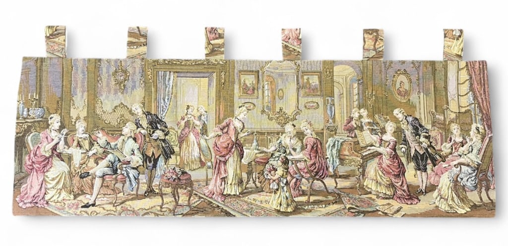 Woven Tapestry 18th Century Salon Party Scene: IMPORTANT NOTE: Please be advised that we offer reasonably priced in-house shipping, but you must select Arrange My Own Shipping as part of your post-auction invoice options. Woven Tapestry 18th Centu