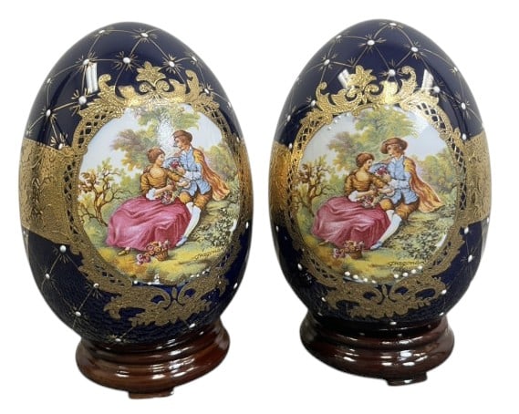 Limoges Fragonard Porcelain Eggs: IMPORTANT NOTE: Please be advised that we offer reasonably priced in-house shipping, but you must select Arrange My Own Shipping as part of your post-auction invoice options. Limoges Fragonard