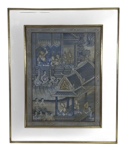 Vintage Thai Silk Painting French Mat Under Glass: IMPORTANT NOTE: Please be advised that we offer reasonably priced in-house shipping, but you must select Arrange My Own Shipping as part of your post-auction invoice options. Vintage Thai silk