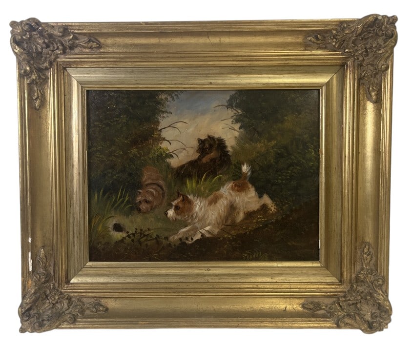 Antique Oil On Wood Board Hunting Dogs: IMPORTANT NOTE: Please be advised that we offer reasonably priced in-house shipping, but you must select Arrange My Own Shipping as part of your post-auction invoice options. Antique oil painting on