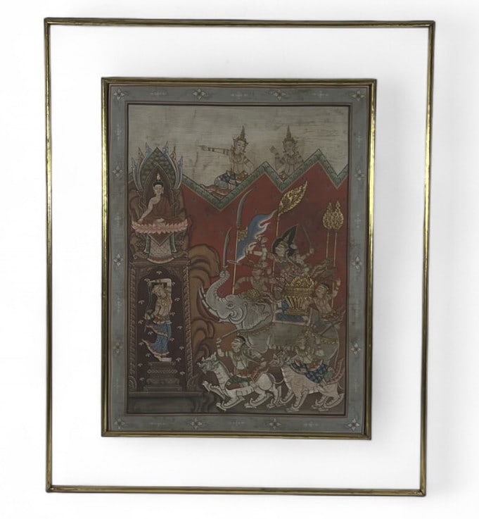 Vintage Thai Silk Painting French Mat Under Glass (1 of 10)