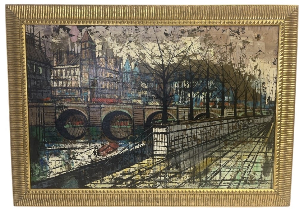 Vintage Modernist Cityscape Oil On Canvas: IMPORTANT NOTE: Please be advised that we offer reasonably priced in-house shipping, but you must select Arrange My Own Shipping as part of your post-auction invoice options. Vintage modernist citysca