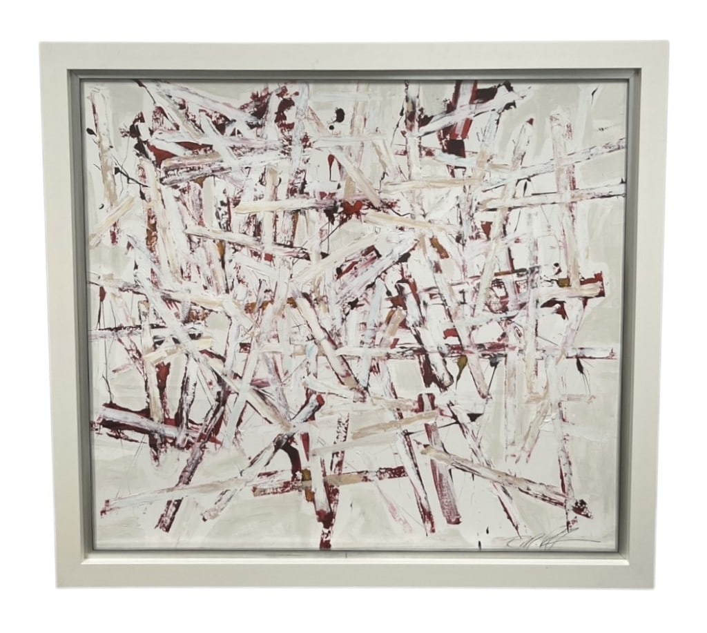 Robert Robinson White/Red Abstract Oil Painting: IMPORTANT NOTE: Please be advised that we offer reasonably priced in-house shipping, but you must select Arrange My Own Shipping as part of your post-auction invoice options. Robert Robinson, white/re