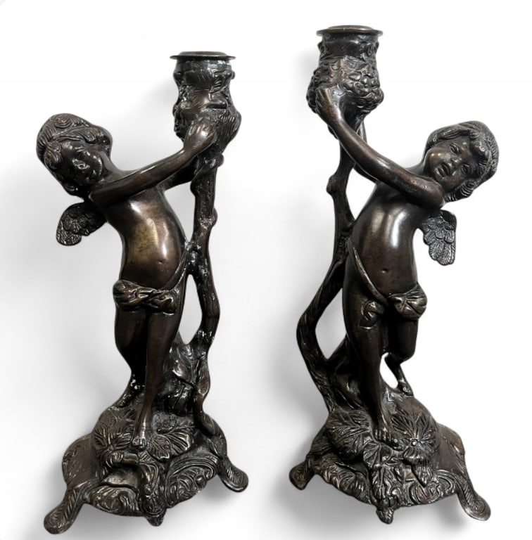 Bronze Cherub Candlestick Holders - 2