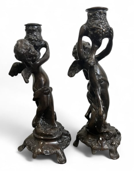 Bronze Cherub Candlestick Holders - 6