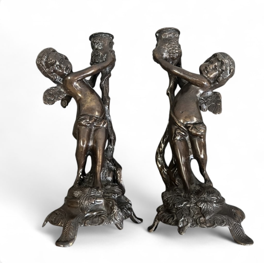 Bronze Cherub Candlestick Holders - 9