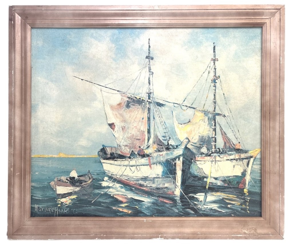 Navare G. Hino Two Boats Gilcee on Canvas: IMPORTANT NOTE: Legacy Auctions offers reasonably priced in-house and 3rd Party shipping options, but you must select Arrange My Own Shipping as part of your post-auction purchase options. Mid to late