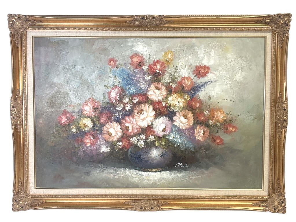 Stuart Stemple Floral Still Life Oil on Canvas: IMPORTANT NOTE: Legacy Auctions offers reasonably priced in-house and 3rd Party shipping options, but you must select Arrange My Own Shipping as part of your post-auction purchase options. Mid 20th ce