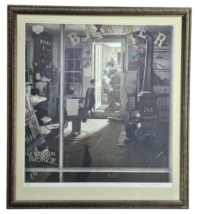 Norman Rockwell Shuffleton's Barbershop Signed LE: IMPORTANT NOTE: Legacy Auctions offers reasonably priced in-house and 3rd Party shipping options, but you must select Arrange My Own Shipping as part of your post-auction purchase options. Circa 1970s