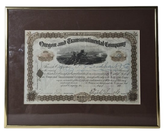 Stock Certificate Oregon & Transcontinental Co.: IMPORTANT NOTE: Legacy Auctions offers reasonably priced in-house and 3rd Party shipping options, but you must select Arrange My Own Shipping as part of your post-auction purchase options. Stock certi