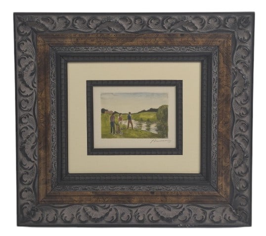 Signed Golf Scene Watercolor Drypoint Etching: IMPORTANT NOTE: Legacy Auctions offers reasonably priced in-house and 3rd Party shipping options, but you must select Arrange My Own Shipping as part of your post-auction purchase options. Signed