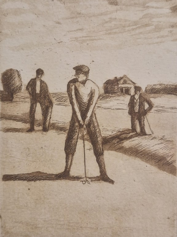 Unsigned Antique Golf Drypoint Etching - 6