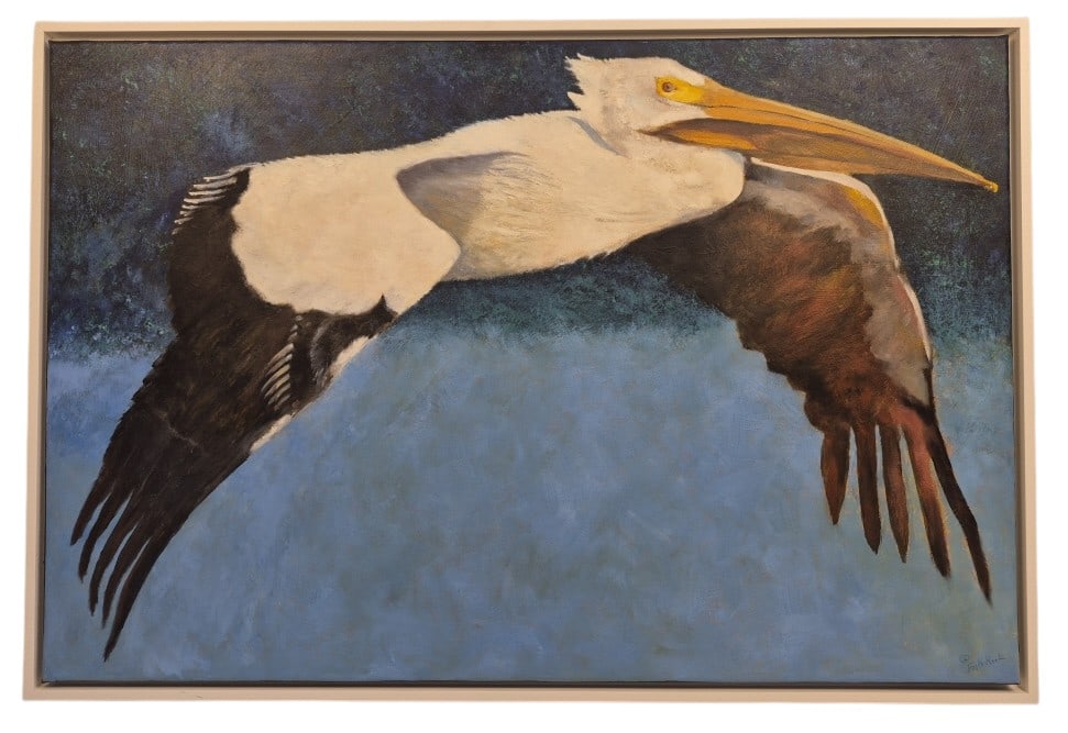 Fritz Keck "Pelican In Flight" Oil On Canvas: IMPORTANT NOTE: Legacy Auctions offers reasonably priced in-house and 3rd Party shipping options, but you must select Arrange My Own Shipping as part of your post-auction purchase options. Fritz Keck 