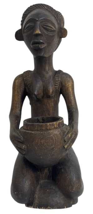 Congolese Carved Wood Luba Bowl Bearer DRC: IMPORTANT NOTE: Legacy Auctions offers reasonably priced in-house and 3rd Party shipping options, but you must select Arrange My Own Shipping as part of your post-auction purchase options. A Luba