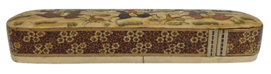 Persian Khatam Inlay Oblong Pencil Box: IMPORTANT NOTE: Legacy Auctions offers reasonably priced in-house and 3rd Party shipping options, but you must select Arrange My Own Shipping as part of your post-auction purchase options. Persian kha