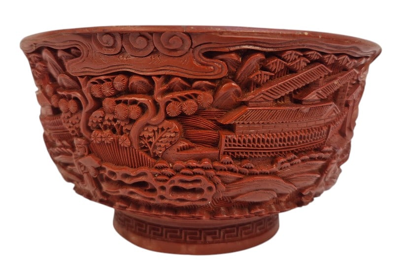 Chinese Cinnabar Intricate Hand-Carved Bowl: IMPORTANT NOTE: Legacy Auctions offers reasonably priced in-house and 3rd Party shipping options, but you must select Arrange My Own Shipping as part of your post-auction purchase options. Chinese cin