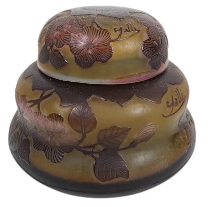 Emile Galle Art Nouveau Cameo Glass-Covered Jar: IMPORTANT NOTE: Legacy Auctions offers reasonably priced in-house and 3rd Party shipping options, but you must select Arrange My Own Shipping as part of your post-auction purchase options. Emile Galle