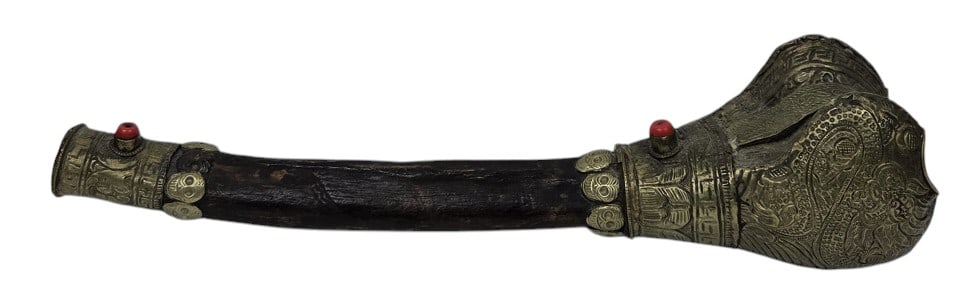 Antique Ornate Tibetan Kangling Bone Trumpet: IMPORTANT NOTE: Legacy Auctions offers reasonably priced in-house and 3rd Party shipping options, but you must select Arrange My Own Shipping as part of your post-auction purchase options. Age unknown