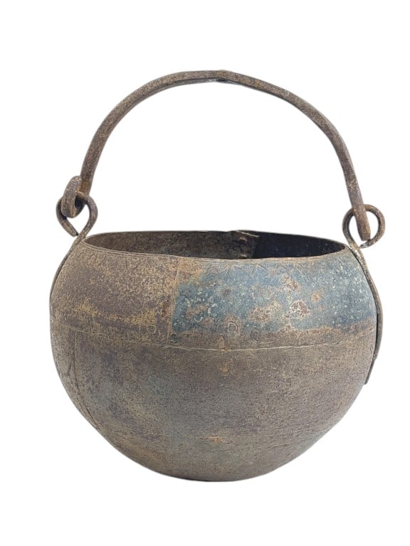 Indian, Hand Forged Iron Well Pot: IMPORTANT NOTE: Legacy Auctions offers reasonably priced in-house and 3rd Party shipping options, but you must select Arrange My Own Shipping as part of your post-auction purchase options. Late 19th C