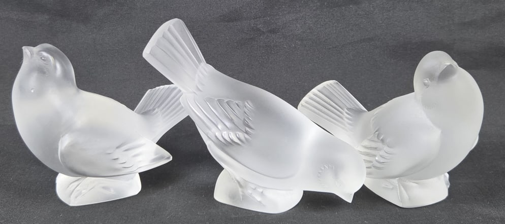 3 Lalique Frosted Crystal Sparrow Figures: IMPORTANT NOTE: Legacy Auctions offers reasonably priced in-house and 3rd Party shipping options, but you must select Arrange My Own Shipping as part of your post-auction purchase options. No noticeab
