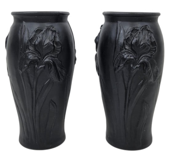 2 1920s Tiffin Iris Black Vases: IMPORTANT NOTE: Legacy Auctions offers reasonably priced in-house and 3rd Party shipping options, but you must select Arrange My Own Shipping as part of your post-auction purchase options. In good use