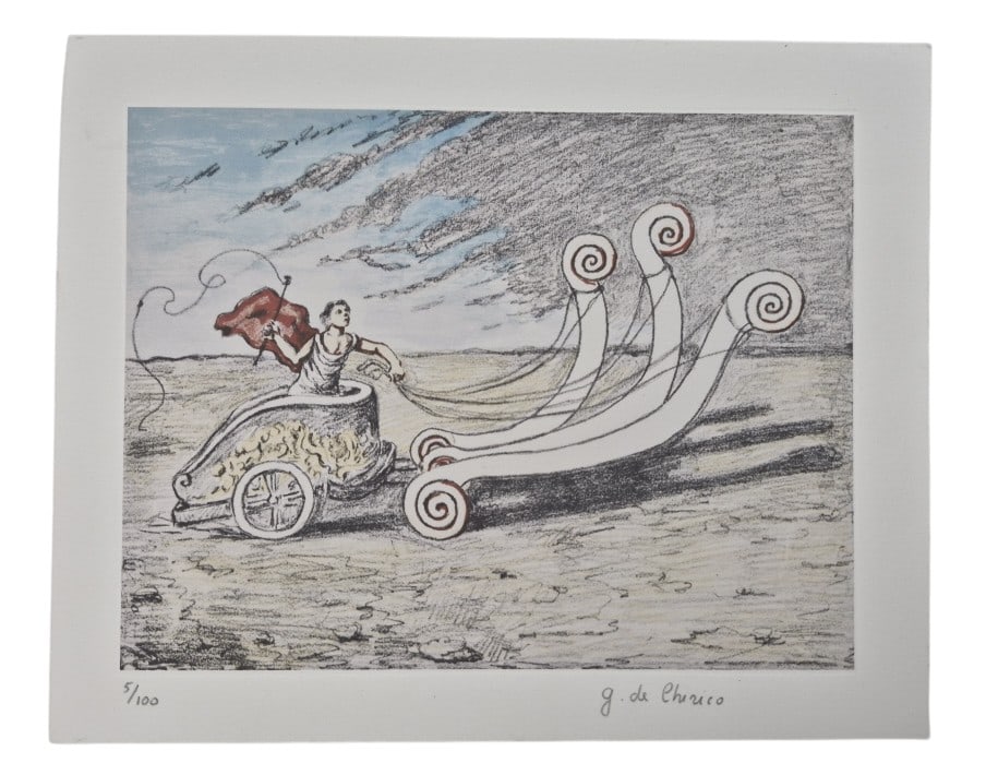 Giorgio de Chirico La Biga Invincibile Lithograph: IMPORTANT NOTE: Legacy Auctions offers reasonably priced in-house and 3rd Party shipping options, but you must select Arrange My Own Shipping as part of your post-auction purchase options. Giorgio de