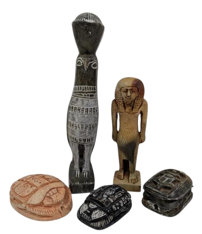 Hand Carved Egyptian Stone Scarabs & Figures: IMPORTANT NOTE: Legacy Auctions offers reasonably priced in-house and 3rd Party shipping options, but you must select Arrange My Own Shipping as part of your post-auction purchase options. Three conte
