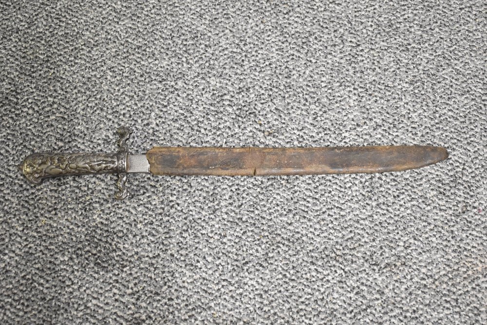 A possible German Hunting Dagger/Sword, metal grip decorated with hunting dogs fighting bears, blade (1 of 3)