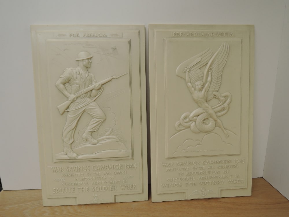 Two WW2 British War Savings Campaign 1944 Bakelite Plaques, RAF Wings for Victory Week and Salute (1 of 1)