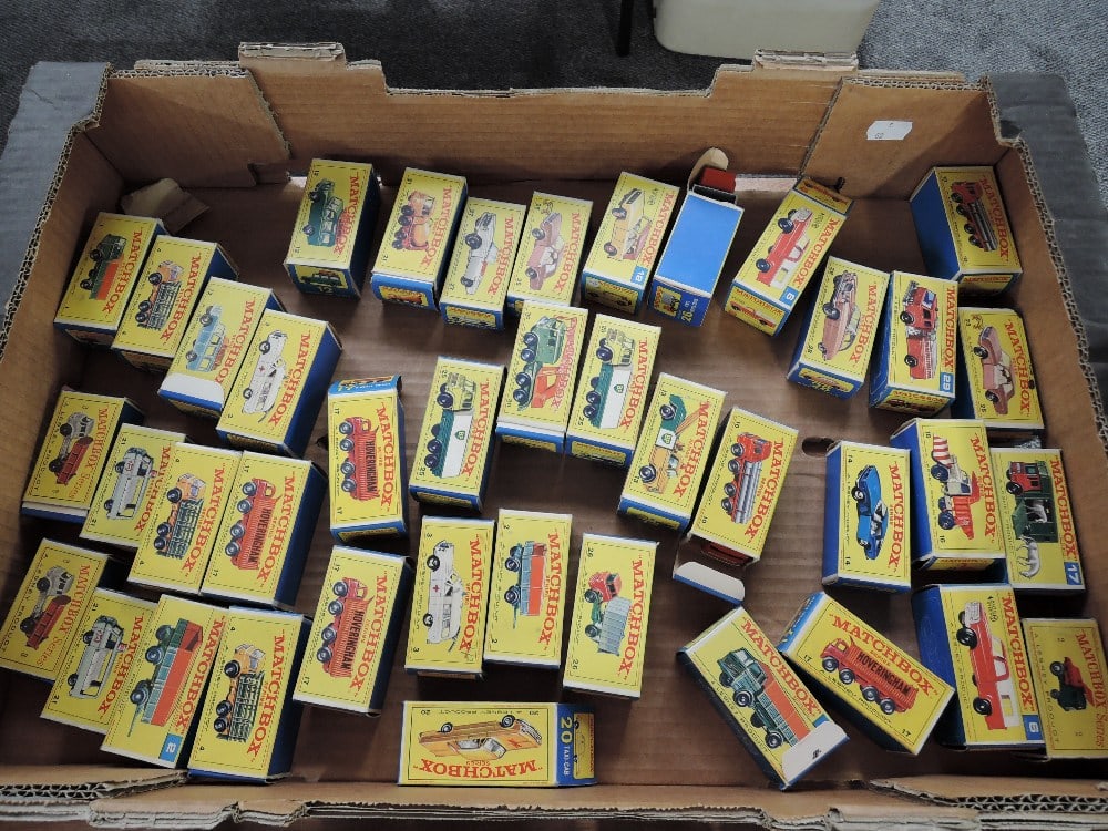 A box of playworn Matchbox die-casts, all with hand painted wheels, all boxes missing flaps or (1 of 2)
