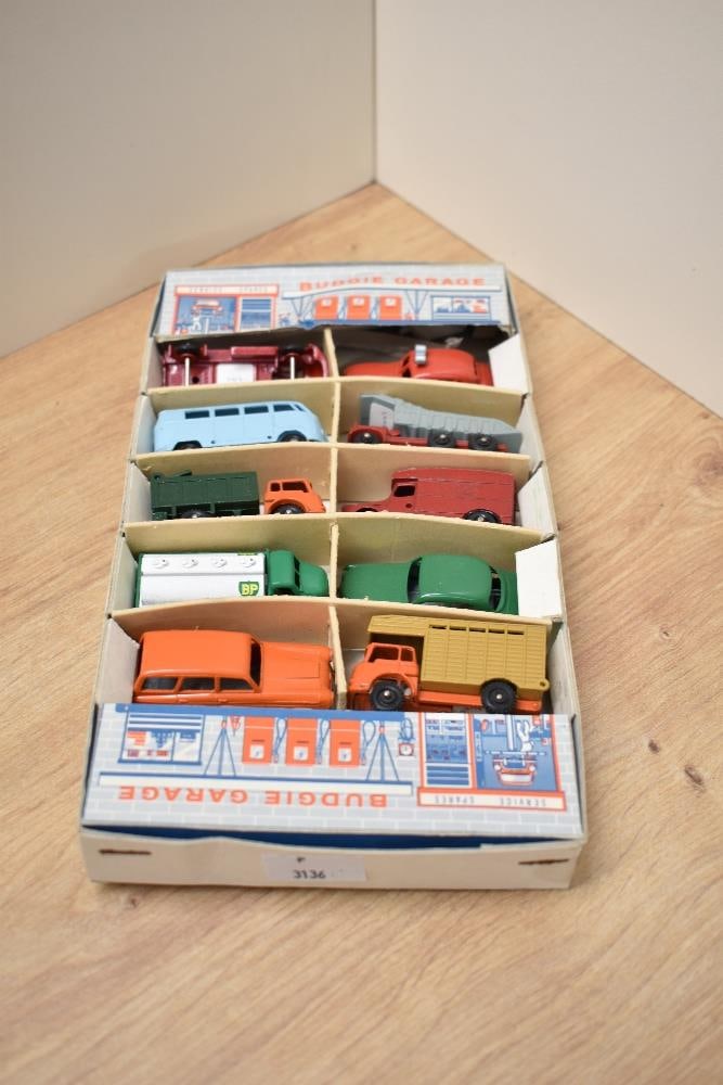 A Budgie Toys die-cast 10 Car Garage Set, in original card box, missing wrapping: A Budgie Toys die-cast 10 Car Garage Set, in original card box, missing wrapping