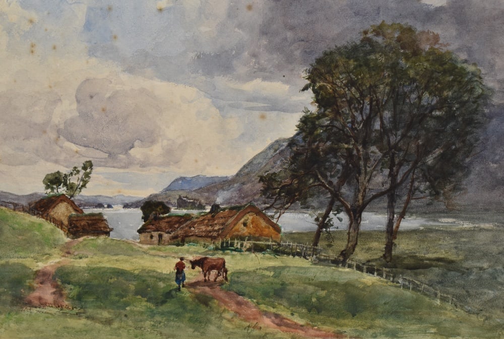 George Gray (19th/20th Century), watercolour, A farm stead with lake beyond, signed to the lower: George Gray (19th/20th Century), watercolour, A farm stead with lake beyond, signed to the lower left, unframed, within a gilt mount, measuring 25cm x 35cm, & 43cm x 55cm overall