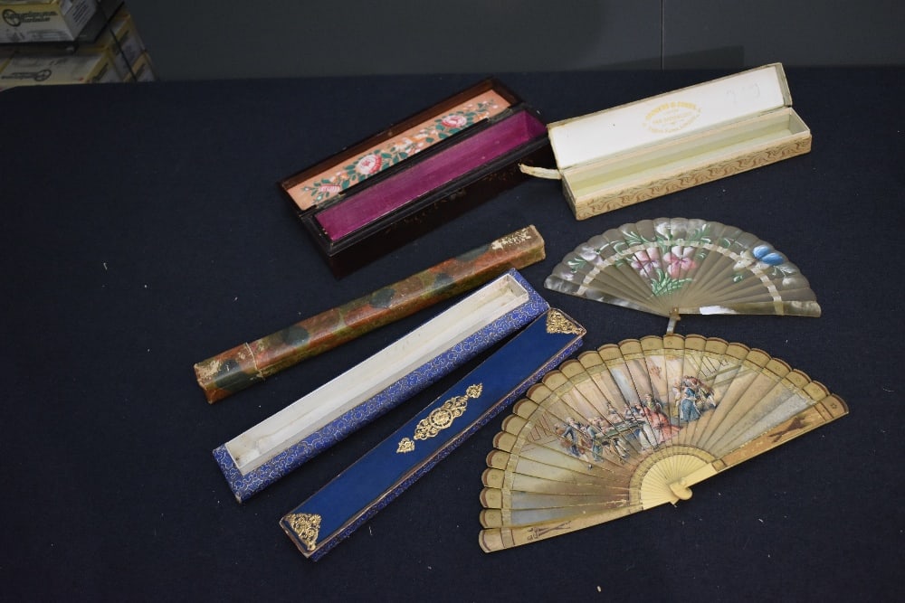 A 19th century fan of bone or similar and another similar with hand painted floral design, also: A 19th century fan of bone or similar and another similar with hand painted floral design, also included is a selection of boxes.