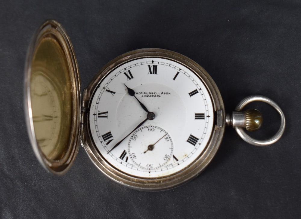 A silver hunter top wound pocket watch by Thomas Russell & Son, Liverpool having Roman numeral (1 of 2)