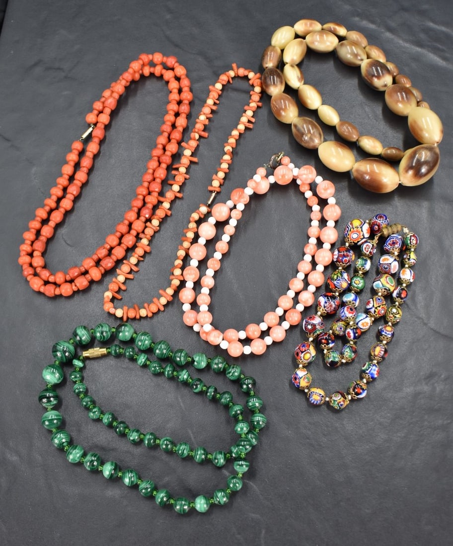 A selection of six beaded necklaces comprising coral examples, malachite, horn and Murano style (1 of 1)