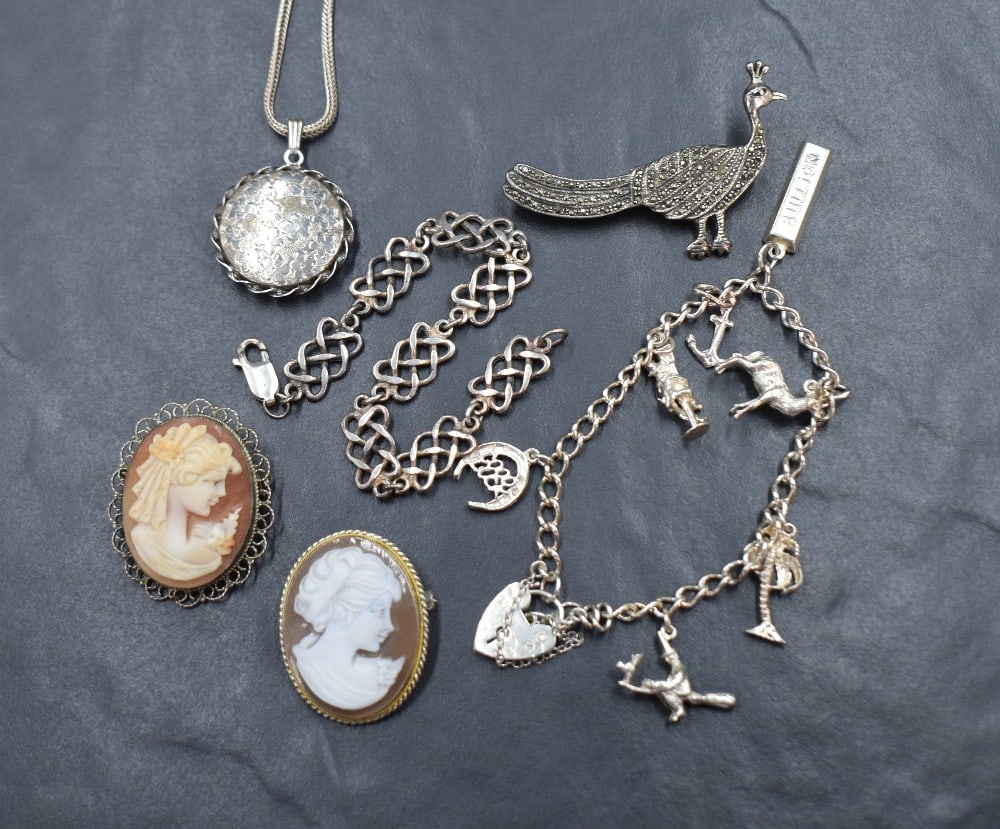 A small selection of silver jewellery including two cameo brooches, a small charm bracelet, (1 of 1)