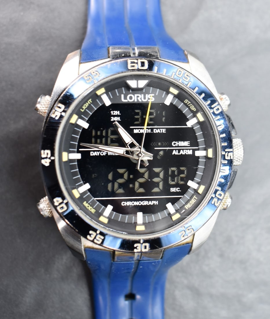 A gentlemen's Lorus chronograph digital display wristwatch, numbered Z021-X007 to reverse on a (1 of 2)