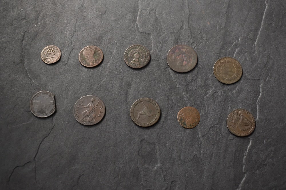 Ten early GB Copper Coins, Charles II Scottish Two Pence CR Crown, 1677 Charles II Scottish Coin, (1 of 2)