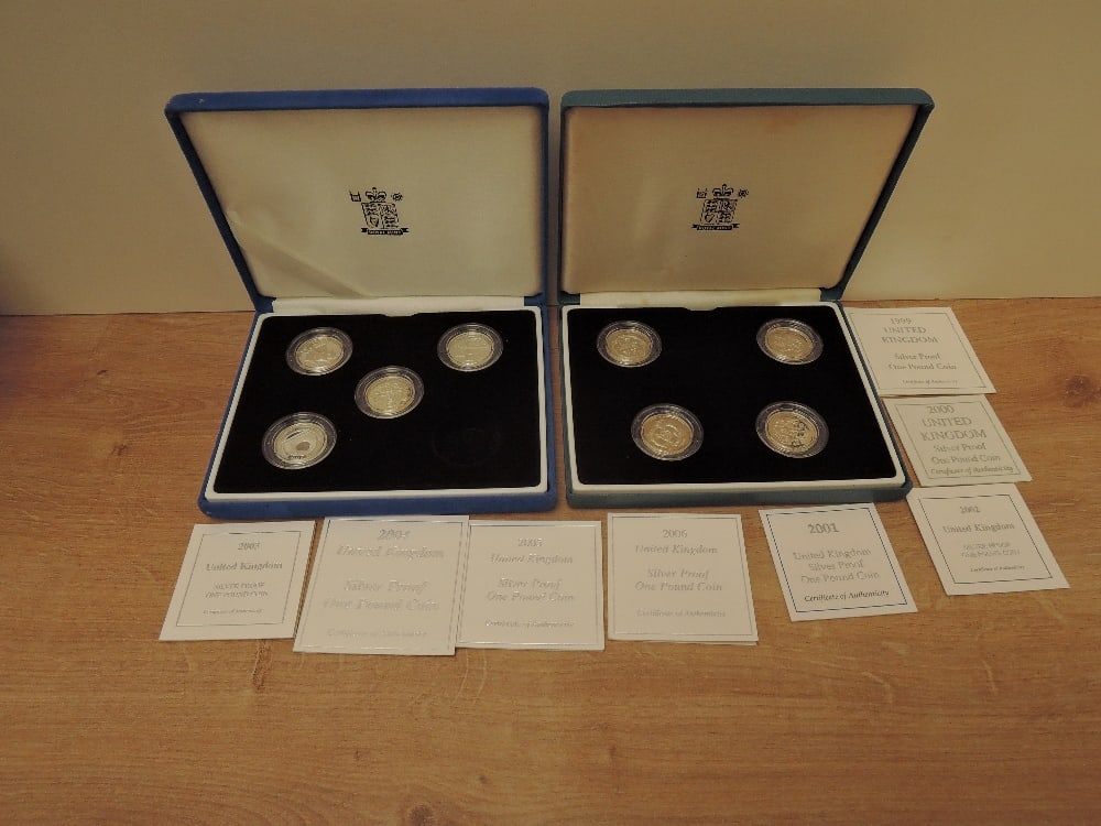 A Royal Mint Four Coin One Pound Silver Proof Set 1999-2002, England, Scotland, Wales and Northern: A Royal Mint Four Coin One Pound Silver Proof Set 1999-2002, England, Scotland, Wales and Northern Ireland and a Royal Mint Silver Proof part Set, four One Pound Coins, 2003-2006 Railway Bridges, miss