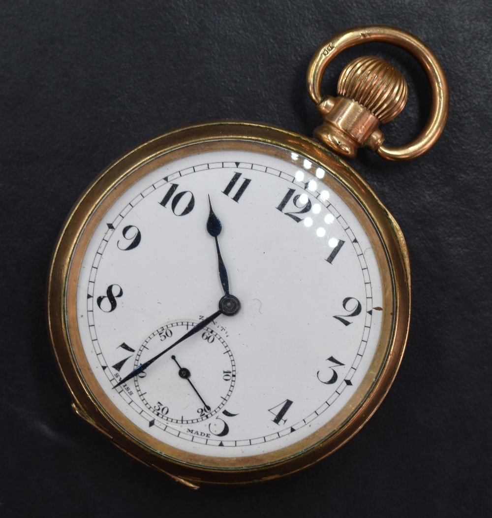A gold plated open face top wound pocket watch, the white dial with Arabic numerals and subsidiary (1 of 4)
