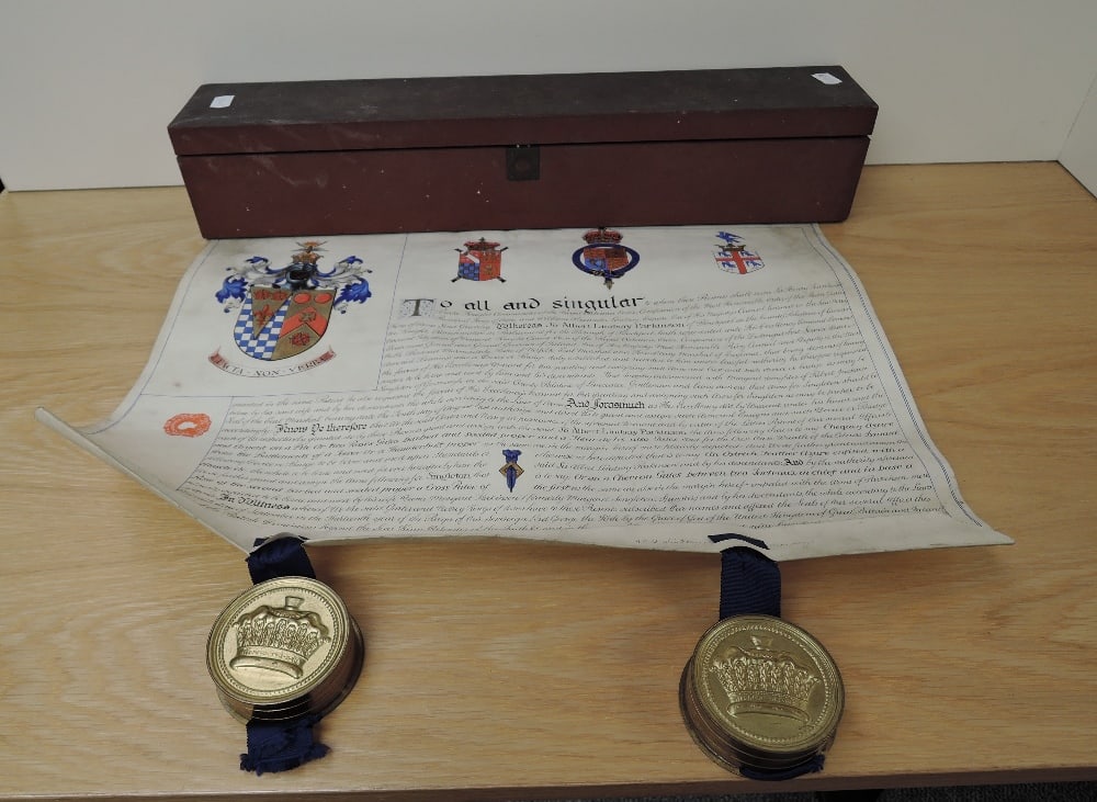 A Coat of Arms and Letters Patent for Sir Albert Lindsay Parkinson of Blackpool in the County (1 of 2)
