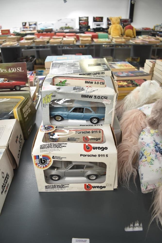 Five Burago Die-casts, Porsche 911S, Mercury Capri RS, BMW 3.0.CSI, Ferrari F40 (1987) and Porsche (1 of 1)
