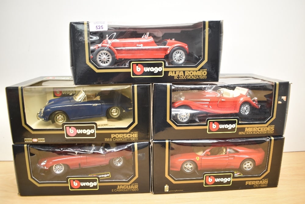 Five Burago 1:18 scale Die-casts, 3016 Jaguar E Cabriolet, 3051 Porsche 356B Cabriolet, 3014 Alfa (1 of 1)