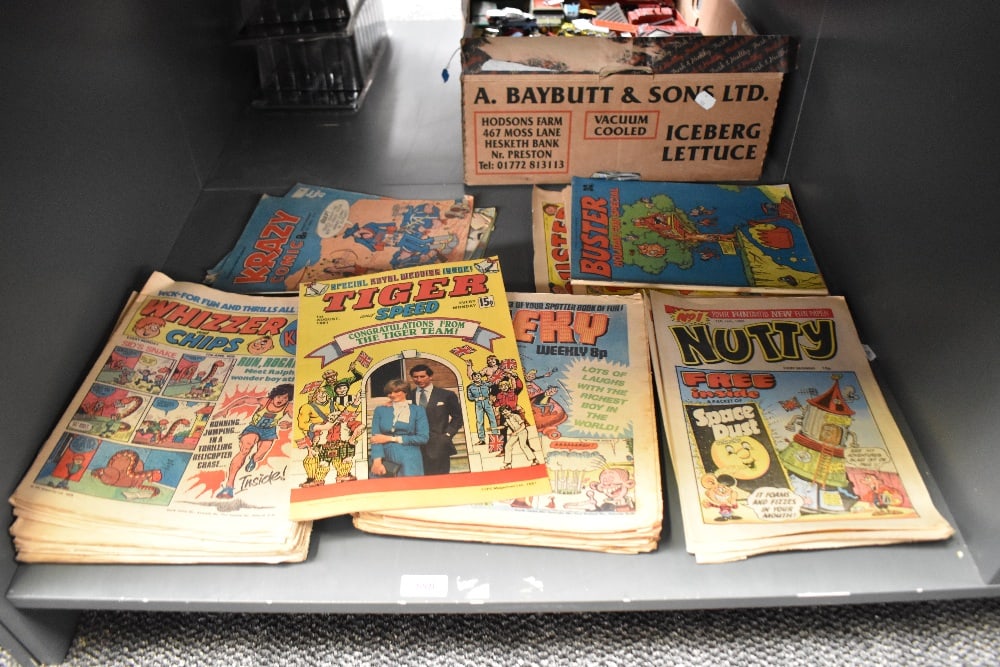 A shelf of 1970 and later Comics including Buster, Nutty, Tiger 1st August 1981 Royal Wedding, (1 of 1)