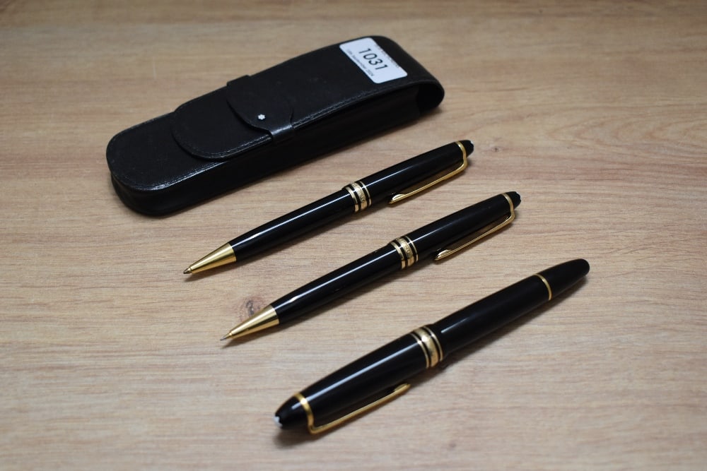 A Montblanc Meisterstuck 146 piston fill fountain pen, ballpoint pen and propelling pencil in (1 of 3)