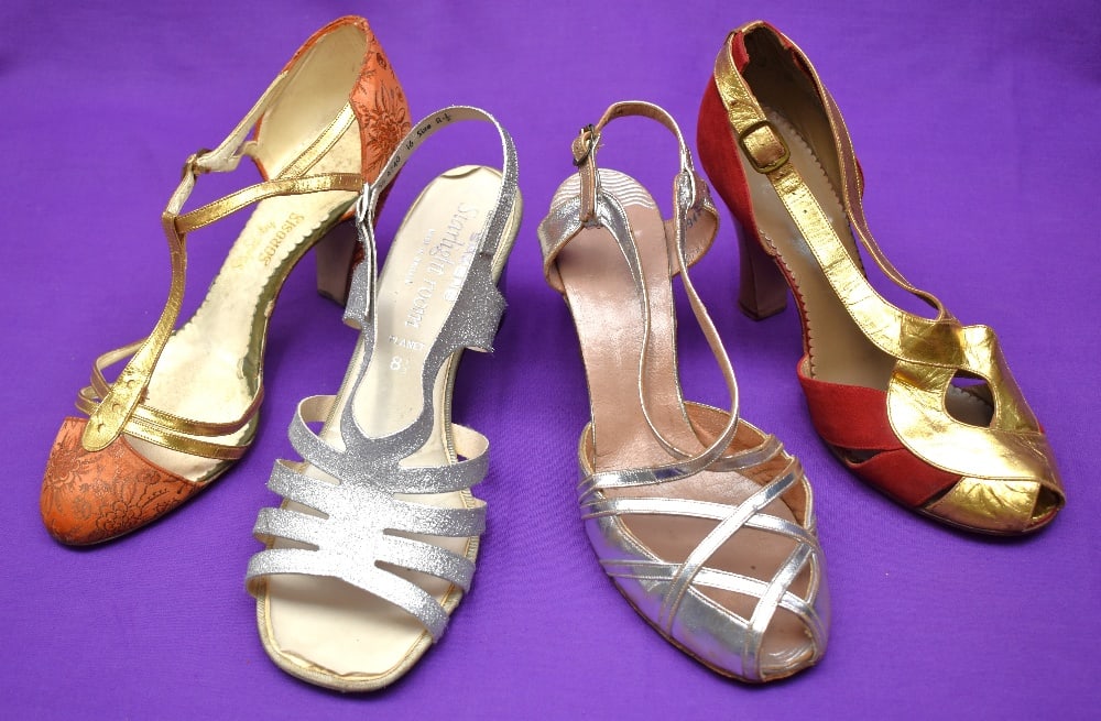 Four pairs of mid-century style dancer's heels, sized 5-8.5. A pair of heels in orange satin effec (1 of 20)