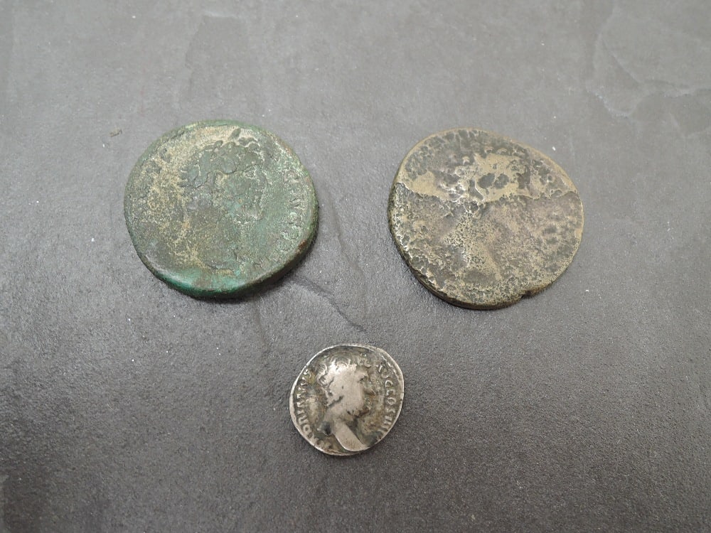 Three Roman Coins, first Obv Ruler with part legend, Rev possible Aeternitas standing between SC, (1 of 2)