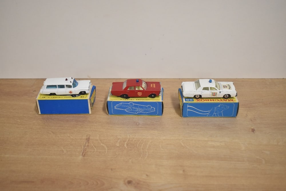 Three Matchbox 1969 Die-casts, No 55 Police Car, in white with white interior and rare blue (1 of 1)