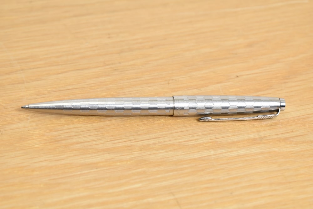 A Parker 45 Harlequin ballpoint pen in grey circlet pattern: A Parker 45 Harlequin ballpoint pen in grey circlet pattern